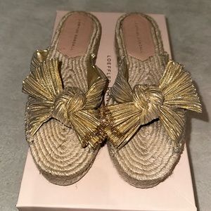 Loeffler Randall Metallic Gold Raffia Knot Espadrille Slides